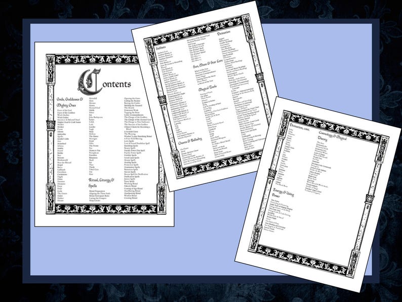May include: Three white pages with black text and decorative borders. The pages contain lists of words, possibly related to magic or spirituality. The pages are arranged on a light blue background with a dark blue floral border.