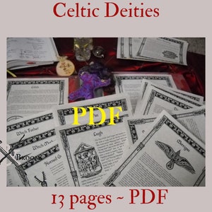 May include: A collection of 13 pages of Celtic deities information in a PDF format. The pages are laid out on a red surface with various Celtic-themed objects, including a small purple figurine, a wooden carving, and a crystal ball.