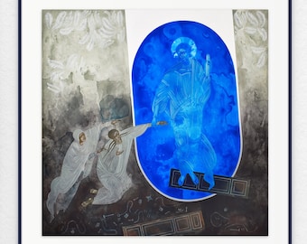 Puede incluir: Una pintura de acuarela que representa una figura en un óvalo azul rodeada de formas blancas y grises. Dos figuras con túnicas blancas se acercan a la figura en el óvalo.