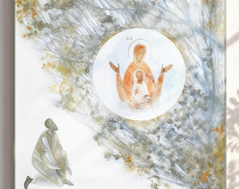 The Burning Bush (Mother of God), art print on canvas - modern Christian icon, biblical religious painting, modern sacred art print