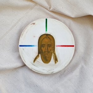 Modern icon of Jesus - hand-painted Mandylion (The Image of Edessa) by Khrystyna Kvyk, original Christian art for religious art collection