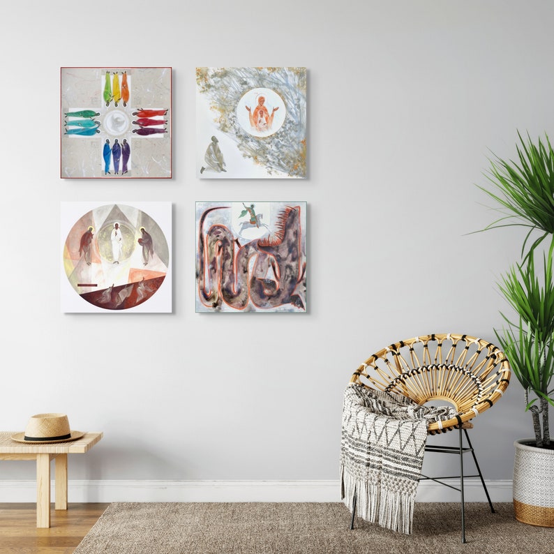 The Burning Bush, The icon of Holy Theotokos, high quality fine art print on canvas, modern Christian icon, contemporary sacred art piece, icon, religious gift. The visualization of the art piece in the interior in combination with other art prints.