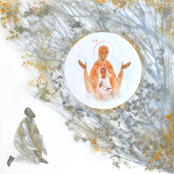 The Burning Bush (Mother of God), art print on canvas - modern Christian icon, biblical religious painting, modern sacred art print