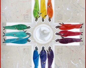 Pentecostés (Descenso del Espíritu Santo), lámina original sobre lienzo tensado - pintura de iconos modernos, arte sacro contemporáneo, arte religioso