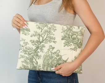 Quilted Laptop Sleeve, Green Handmade iPad Sleeve, MacBook Sleeve,Toile de Jouy, Aesthetic Laptop Case, Valentine’s & Mother’s Day Gift