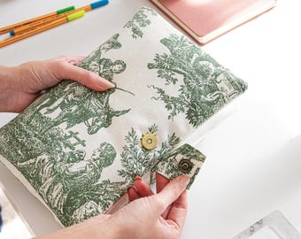 Quilted Book Sleeve with Zipper & Pocket, Green Toile de Jouy Fabric Book Cover, Custom Embroidered Name
