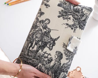 Book Sleeve with Zippered Pocket, Quilted Toile de Jouy Fabric, Personalized with Embroidered Name, Anthracite