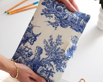 Quilted Book Sleeve with Zipper & Pocket, Blue Toile de Jouy Fabric Book Cover, Custom Embroidered Name