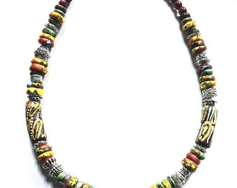 Boho African Krobo Beaded Necklace: Ghanian Glass Colorful Jewelry