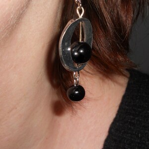 Black onyx long boho earrings, bohemian funky cool gemstone earrings, silver link handmade earrings, black stone jewelry, mothers day gift image 2