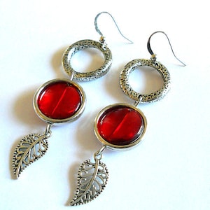 Funky long red drop earrings, boho silver link cool drop earrings, unique bohemian modern earrings, fashion jewelry, gift for women