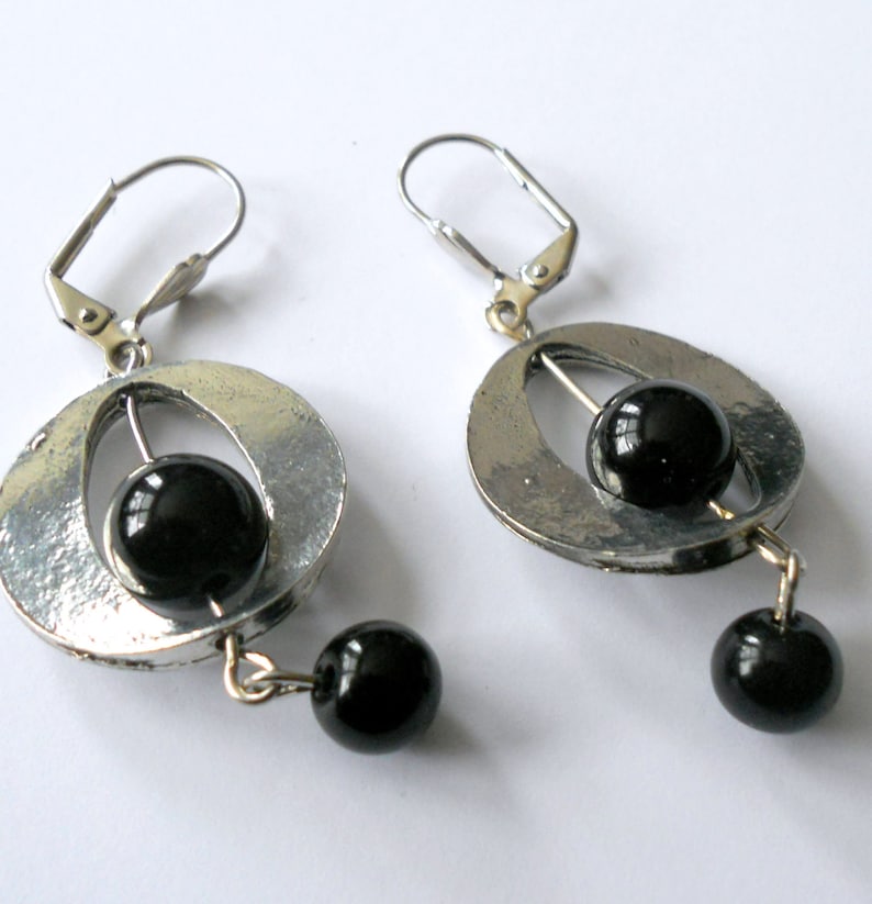 Black onyx long boho earrings, bohemian funky cool gemstone earrings, silver link handmade earrings, black stone jewelry, mothers day gift image 3