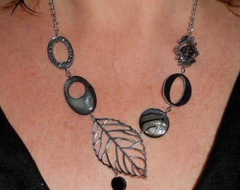 Boho asymmetrical necklace, funky grey shell statement necklace, lightweight silver leaf Y necklace, bohemian contemporary jewelry, gift