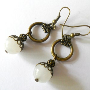 Long antique brass bohemian earrings, white jade dangle earrings, gemstone statement earrings, handmade rustic jewelry, gift for her, image 2