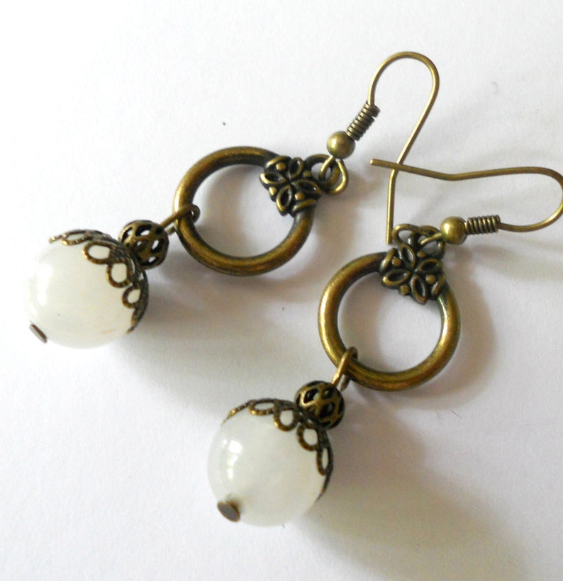 Long antique brass bohemian earrings, white jade dangle earrings, gemstone statement earrings, handmade rustic jewelry, gift for her, image 2