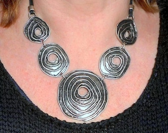 Boho Silver Spiral Statement Necklace, Bohemian Original Metal Art Jewelry