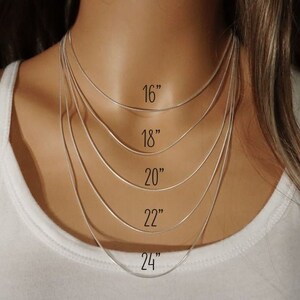 May include: Five thin silver-toned snake chains layered at different lengths. The chains are labeled with their respective lengths in inches: 16 inches, 18 inches, 20 inches, 22 inches, and 24 inches, providing a clear visual guide for necklace sizing.