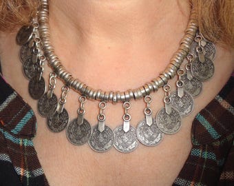 Boho Silver Turkish Coin Necklace, Ethnic Silver Statement Jewelry