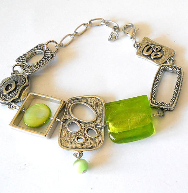 Lime green funky abstract bracelet, boho silver link asymmetric statement bracelet, handmade unique artisan bracelet, cool bohemian jewelry image 2