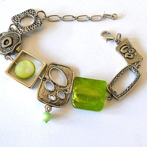 Lime green funky abstract bracelet, boho silver link asymmetric statement bracelet, handmade unique artisan bracelet, cool bohemian jewelry image 1