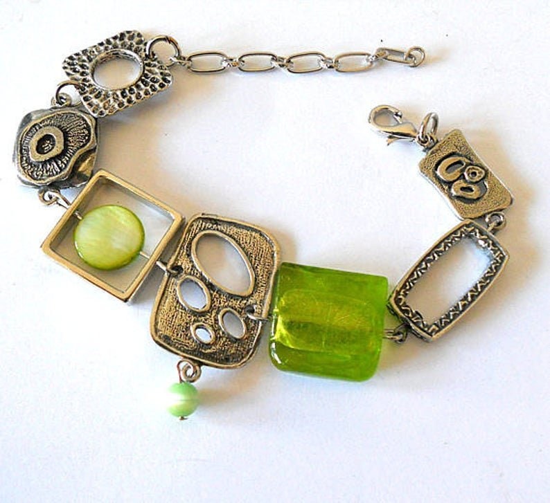 Lime green funky abstract bracelet, boho silver link asymmetric statement bracelet, handmade unique artisan bracelet, cool bohemian jewelry image 1
