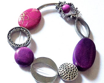 Boho purple asymmetrical  statement bracelet funky abstractl beaded bracelet, stylish unique bracelet for women, elastic bracelet, jewelry