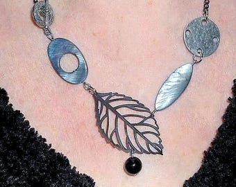 Unusual Boho Grey and Black Abstract Statement Necklace, Asymmetrical Jewelry for Women