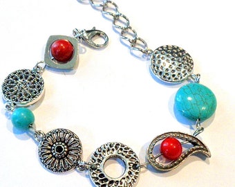 Boho funky turquoise eclectic bracelet, modern bohemian gemstone bracelet, handmade artsy silver link bracelet, boho jewelry