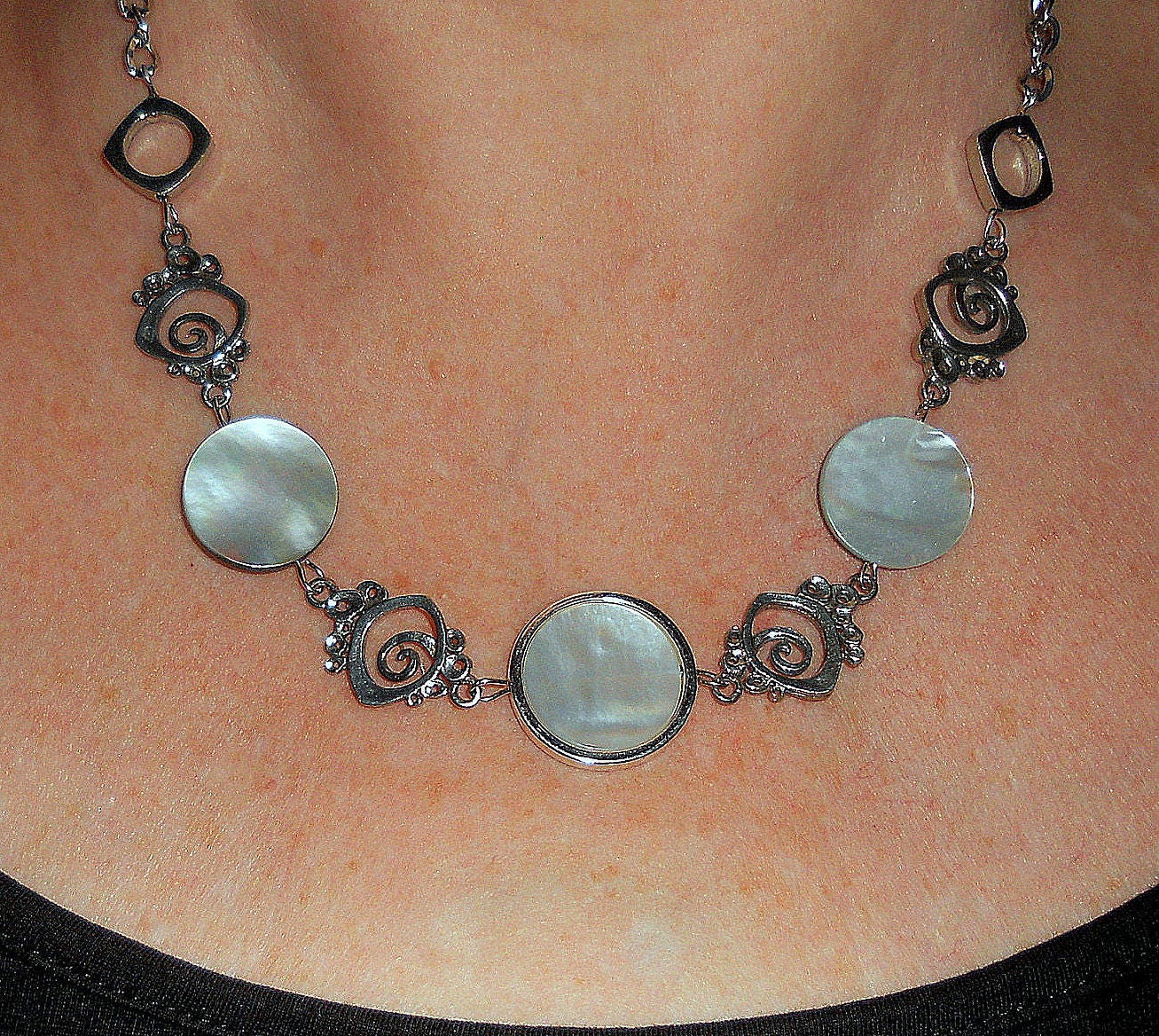 Funky mother of pearl statement necklace silver geometric Etsy