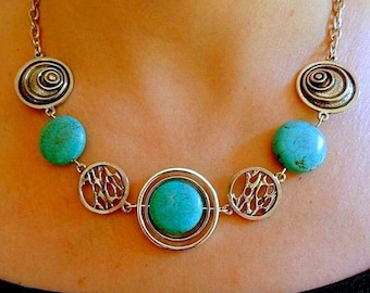 Turquoise Gemstone Statement Necklace: Boho Silver Link Fashion Jewelry