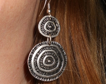 Long silver boho statement earrings, cool ethnic spiral bohemian earrings, unique oriental metal jewelry, gift forwomen