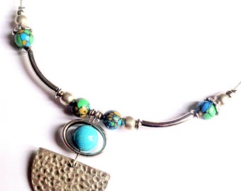 Unique boho turquoise gemstone pendant necklace, minimalist unusual necklace, artisan beaded necklace, handmade boho funky jewelry, gift