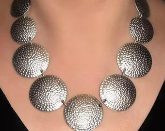 Boho Ethnic Silver Statement Necklace, Bohemian Textured Silver Jewelry