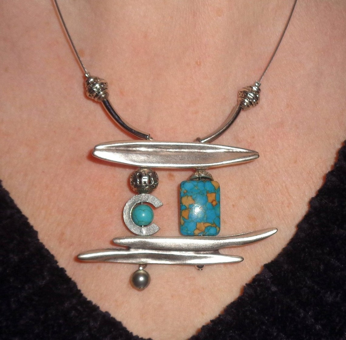 Türkis Mosaik Abstrakte Halskette asymmetrische Statement | Etsy