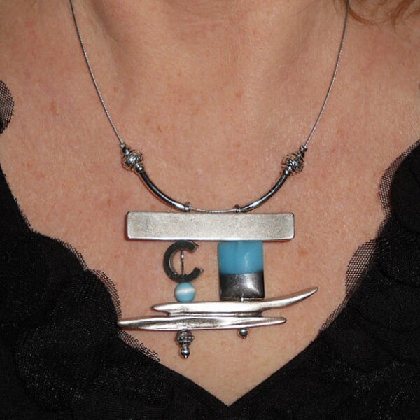 Statement necklace, Unique asymmetric necklace, silver and aqua blue funky pendant necklace, modern designer jewelry