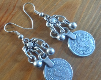 Boho silver ethnic coin earrings, bohemian oriental dangle earrings, cool metal earrings, boho metal jewelry, mothers day gift for her