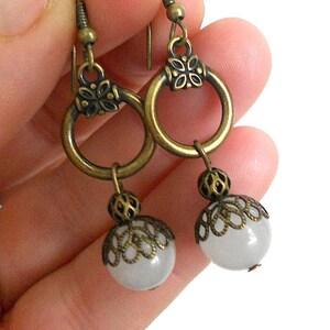 Long antique brass bohemian earrings, white jade dangle earrings, gemstone statement earrings, handmade rustic jewelry, gift for her, image 1