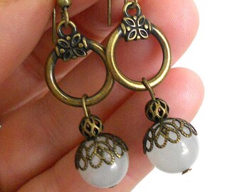 Boho rustic earrings, long antique brass earrings, white jade earrings, bohemian gemstone drop earrings, handmade jewelry, jewelry gift
