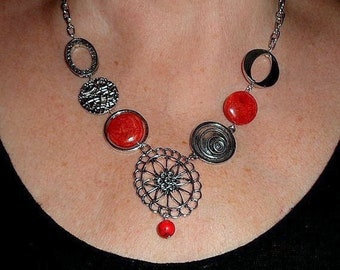 Red coral asymmetric boho statement necklace, handmade abstract modern necklace, unique funky silver link necklace, mothers day gift