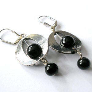 Black onyx long boho earrings, bohemian funky cool gemstone earrings, silver link handmade earrings, black stone jewelry, mothers day gift image 1