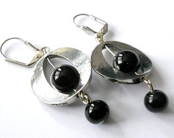 Long Handmade Black Onyx Funky Earrings, Boho Silver Link Drop Earrings