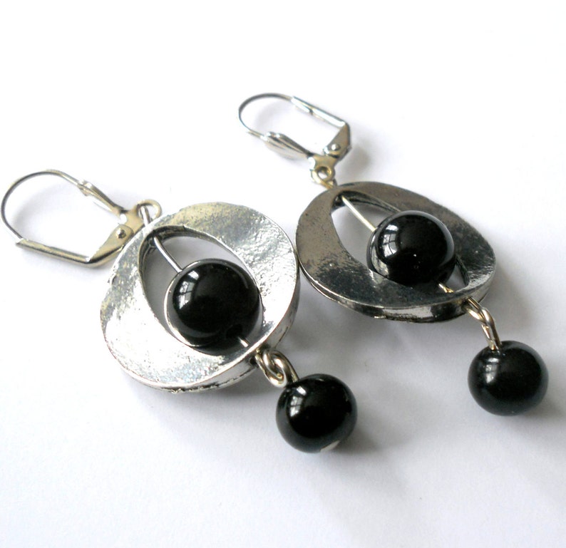 Black onyx long boho earrings, bohemian funky cool gemstone earrings, silver link handmade earrings, black stone jewelry, mothers day gift image 1