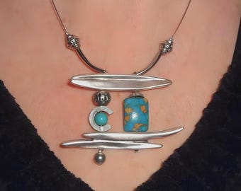 Handmade Unusual Silver Art Statement Necklace, Unique Mosaic turquoise  Artistic Boho Jewelry