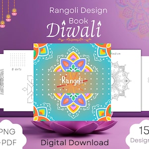 May include: A digital download of a Rangoli design book for Diwali. The cover features a colorful Rangoli design with the word "Rangoli" in the center. The book includes 15 designs and is available in PNG and PDF formats.