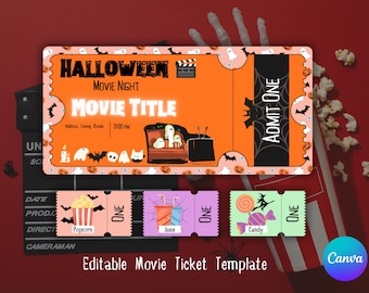 Halloween Movie Night Ticket Vorlage, Gruseliges Kino Ticket, Bearbeitbares Halloween Movie Night Ticket, Gruseliges druckbares Halloween Ticket einladen