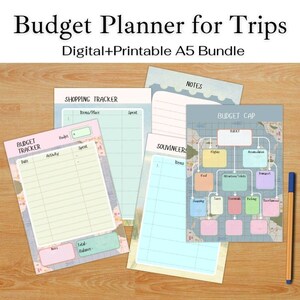 May include: A set of printable budget planner sheets for trips, including a shopping tracker, budget cap, and souvenir list. The sheets are in pastel colours and are arranged on a wooden surface. A pen is placed on the right side of the sheets.