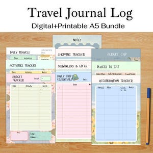 May include: A set of A5 travel journal logs, digital and printable, featuring trackers for daily travels, activities, budget, shopping, and accommodation. The logs are in pastel colours with floral accents. A pen is included.
