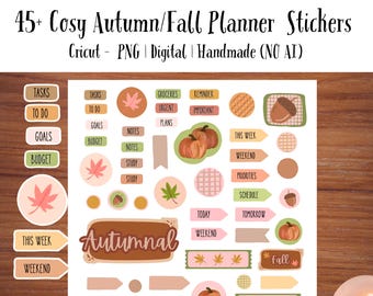 May include: A collection of autumn-themed planner stickers with pumpkins, leaves, and the word "Autumnal." The stickers include labels for tasks, groceries, reminders, and scheduling. The text "45+ Cosy Autumn/Fall Planner Stickers" is also visible.