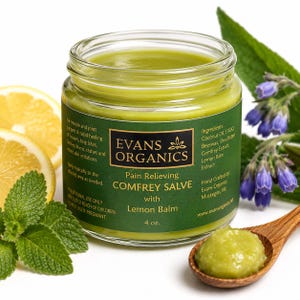 May include: A clear glass jar of green comfrey salve with a dark green label reading Evans Organics Pain Relieving Comfrey Salve with Lemon Balm 4 oz. The jar is surrounded by lemon slices, mint leaves, and purple flowers, with a wooden spoon of salve.
