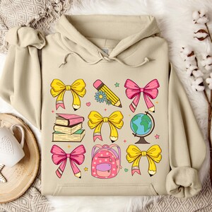 School Supplies Illustrated Hoodie, Back to School Coquette Hoodie, Primary School Hoodie, Teacher Appreciation Tee, Girls School Hoodie